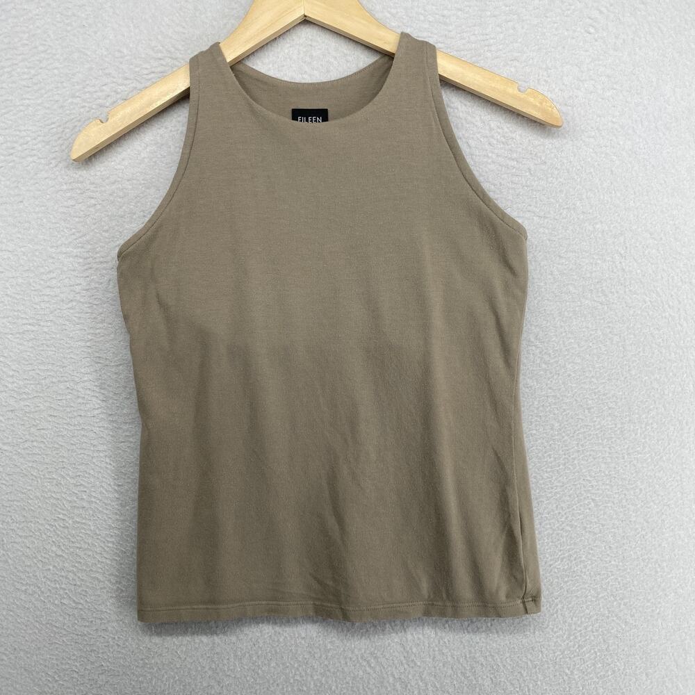 EILEEN FISHER Tank Top S Organic Cotton Stretch Shelf Bra Racerback Brown USA